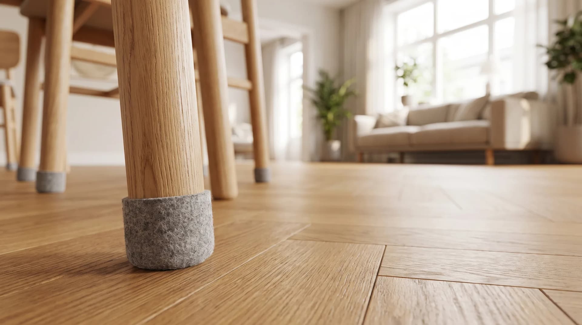 Houten stoelpoten met viltdoppen op een parketvloer