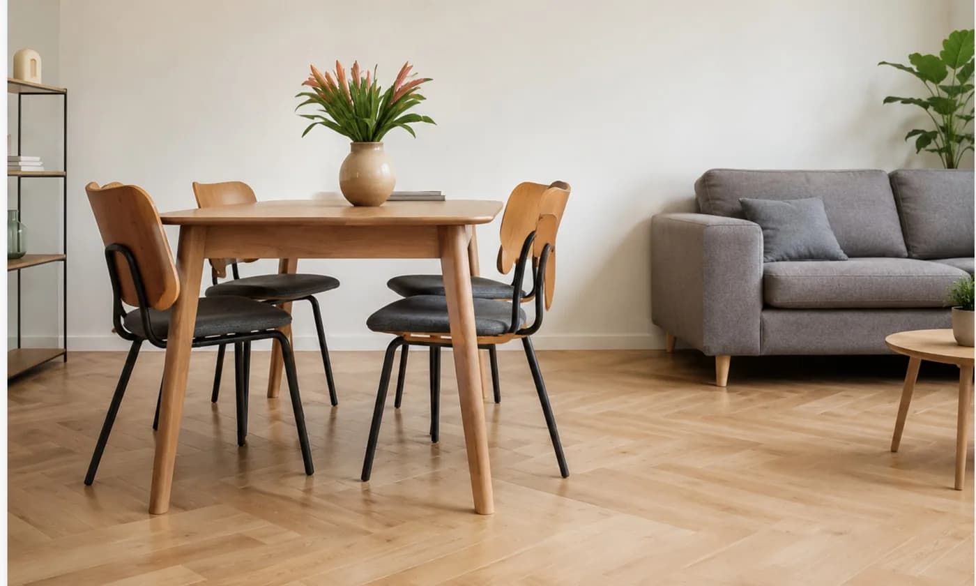 Eetkamer met houten tafel en stoelen op parket